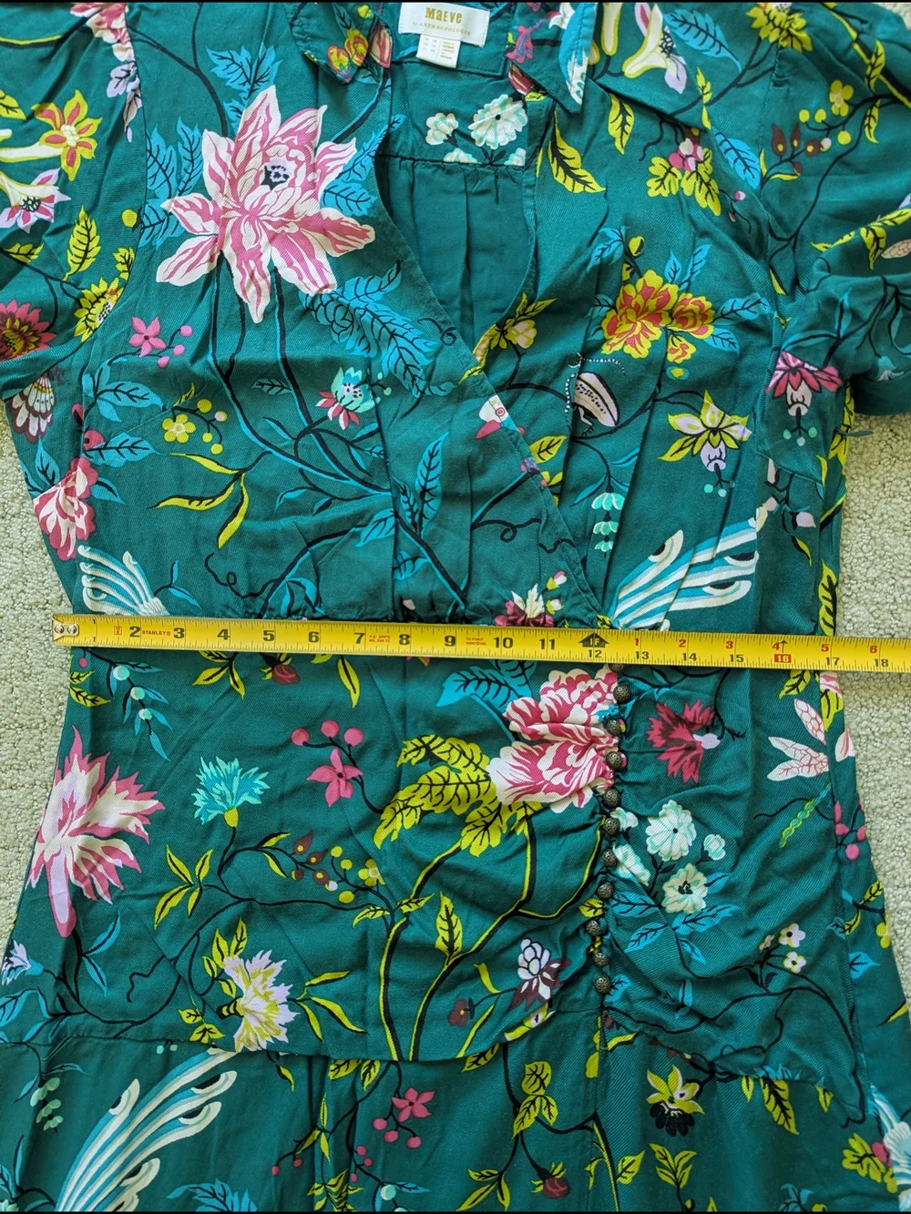 Maeve Anthropologie Button Front Shirt Dress 14 Green Floral Bird V-neck Slit - Picture 13 of 15